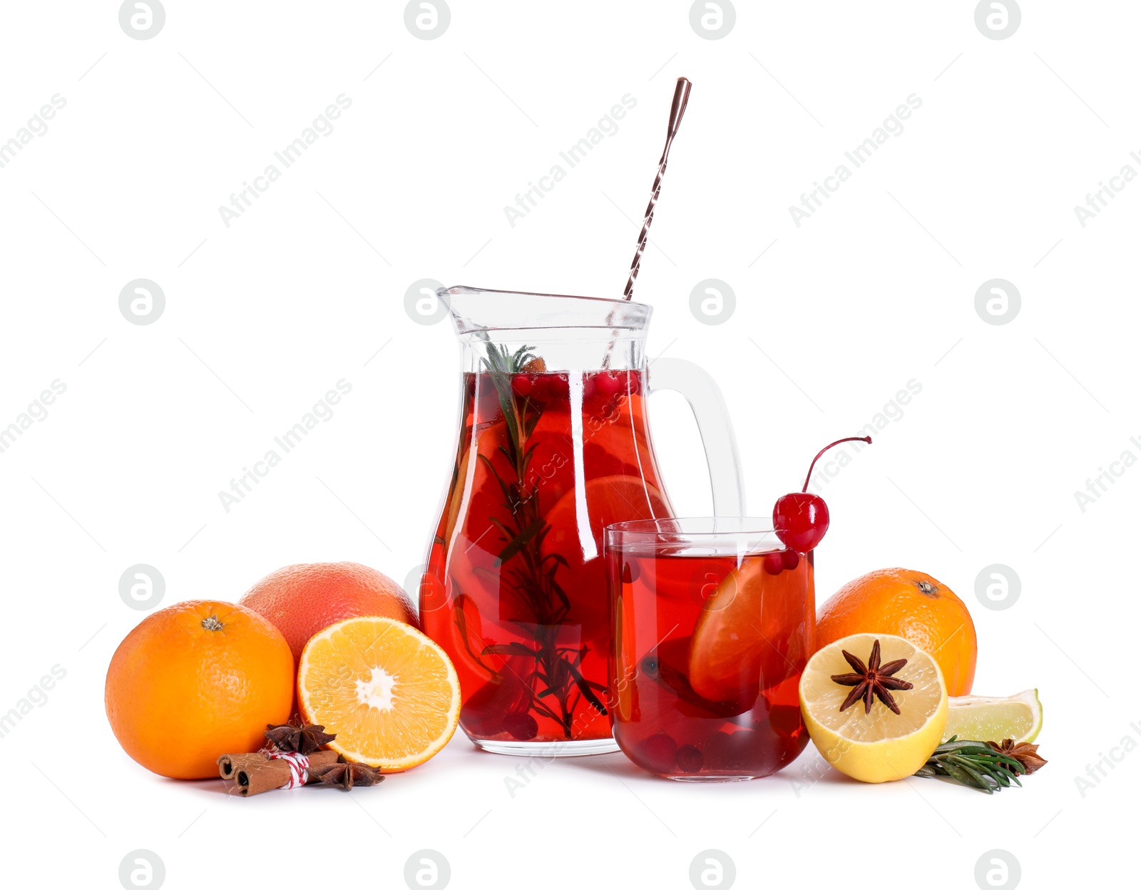 Photo of Delicious punch and ingredients isolated on white