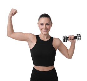 Photo of Woman exercising with dumbbell on white background