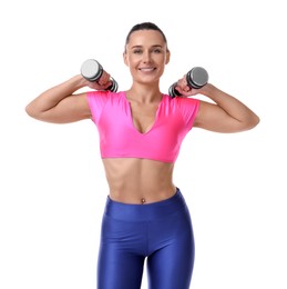 Photo of Woman exercising with dumbbells on white background