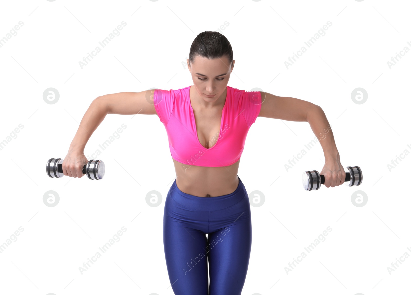 Photo of Woman exercising with dumbbells on white background