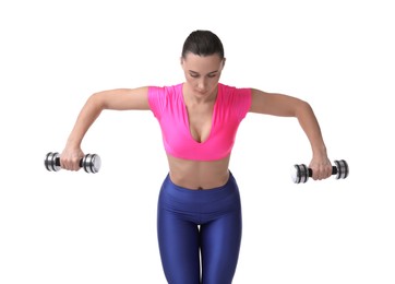 Photo of Woman exercising with dumbbells on white background