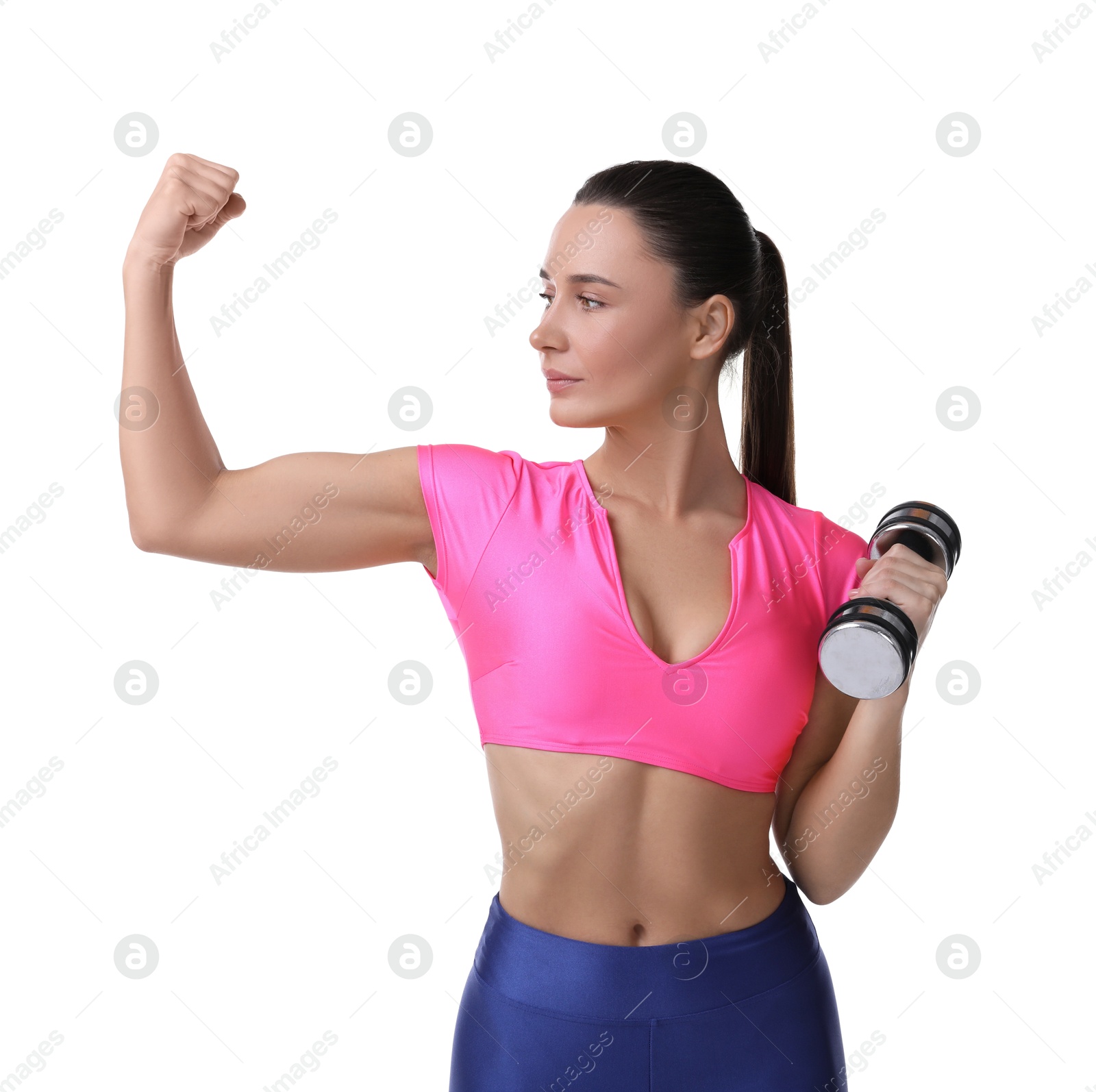 Photo of Woman exercising with dumbbell on white background