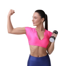 Photo of Woman exercising with dumbbell on white background