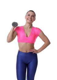 Photo of Woman exercising with dumbbell on white background