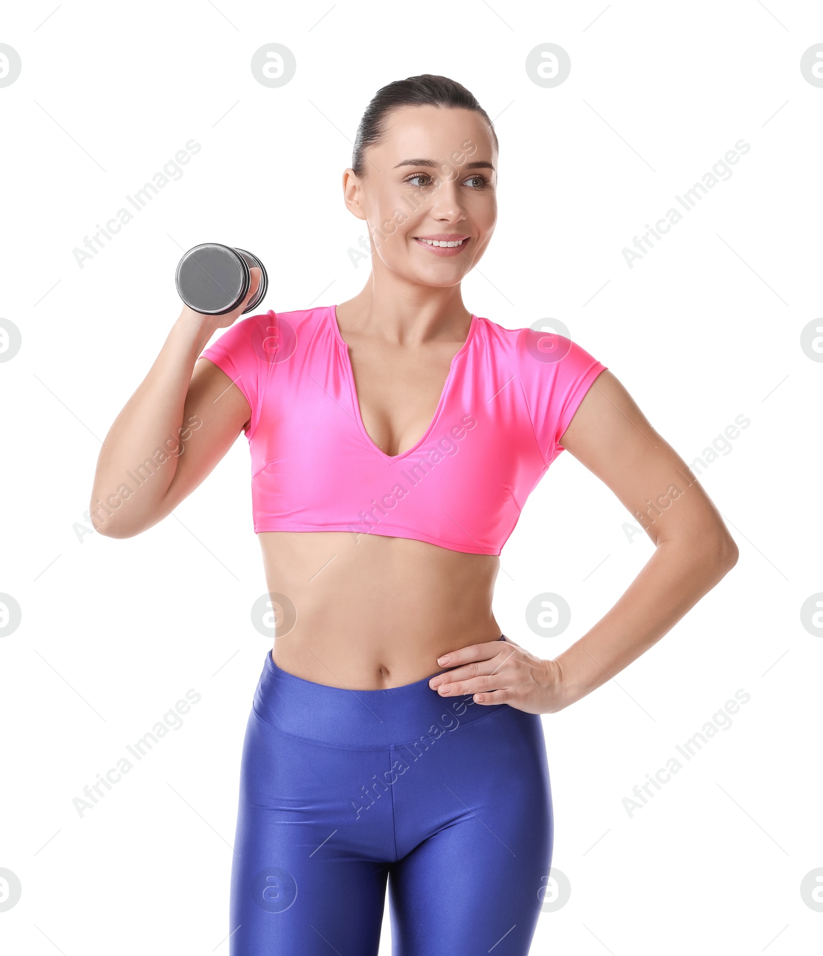 Photo of Woman exercising with dumbbell on white background