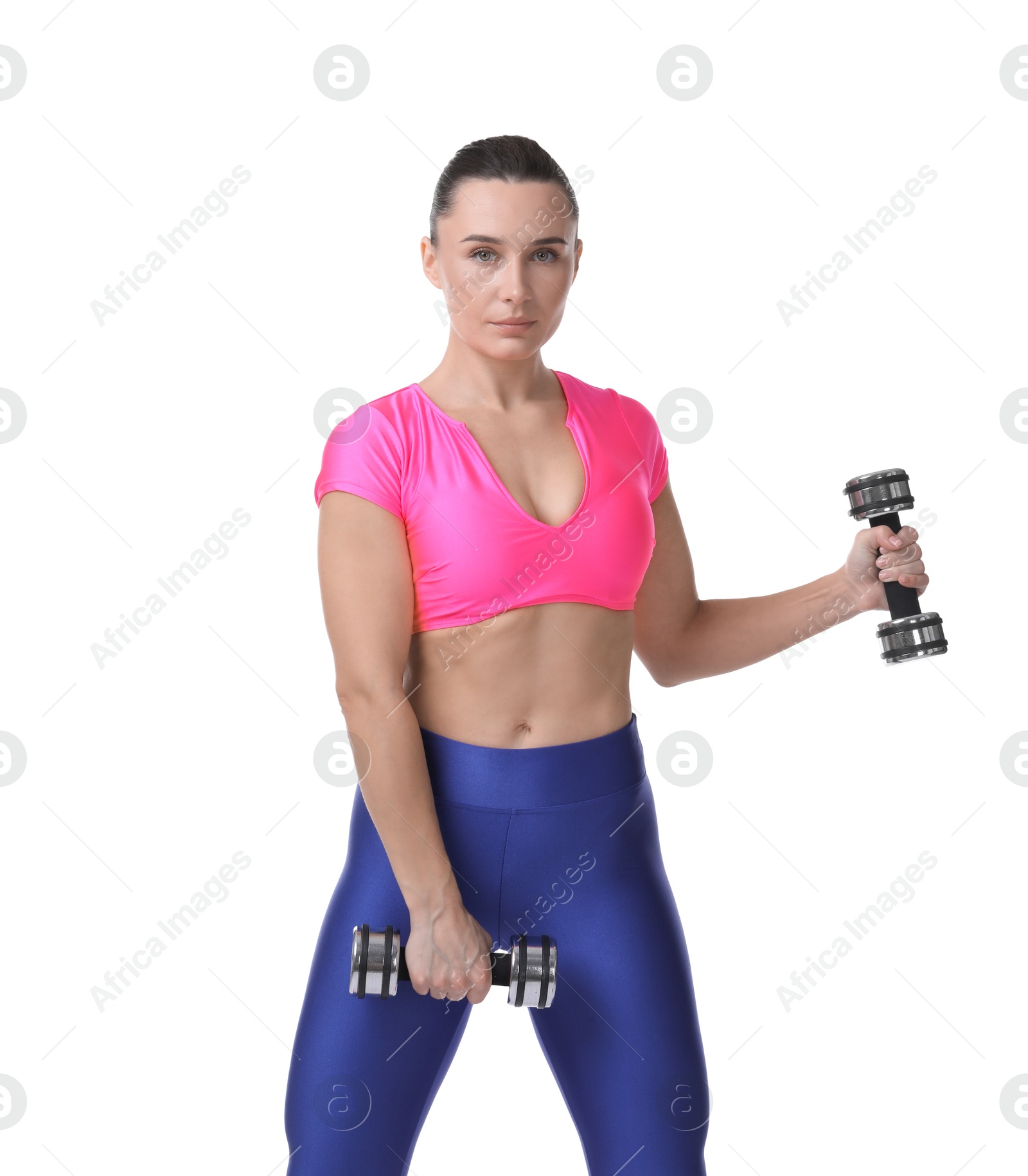 Photo of Woman exercising with dumbbells on white background