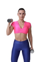 Photo of Woman exercising with dumbbells on white background