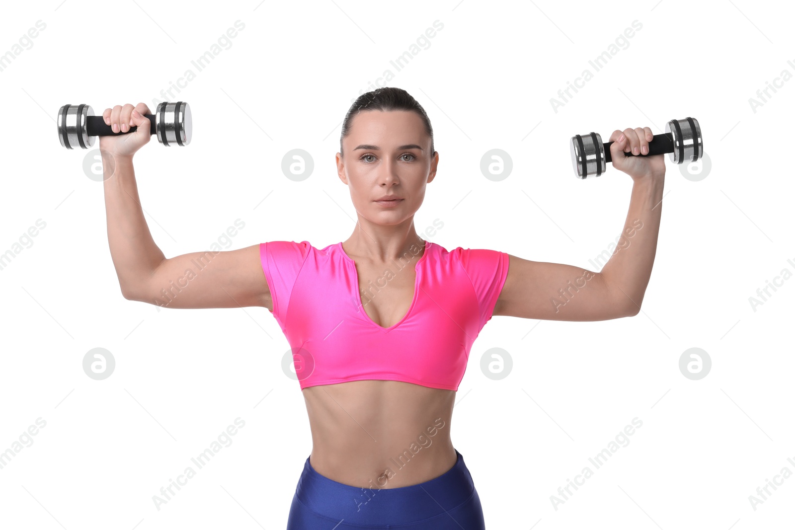 Photo of Woman exercising with dumbbells on white background