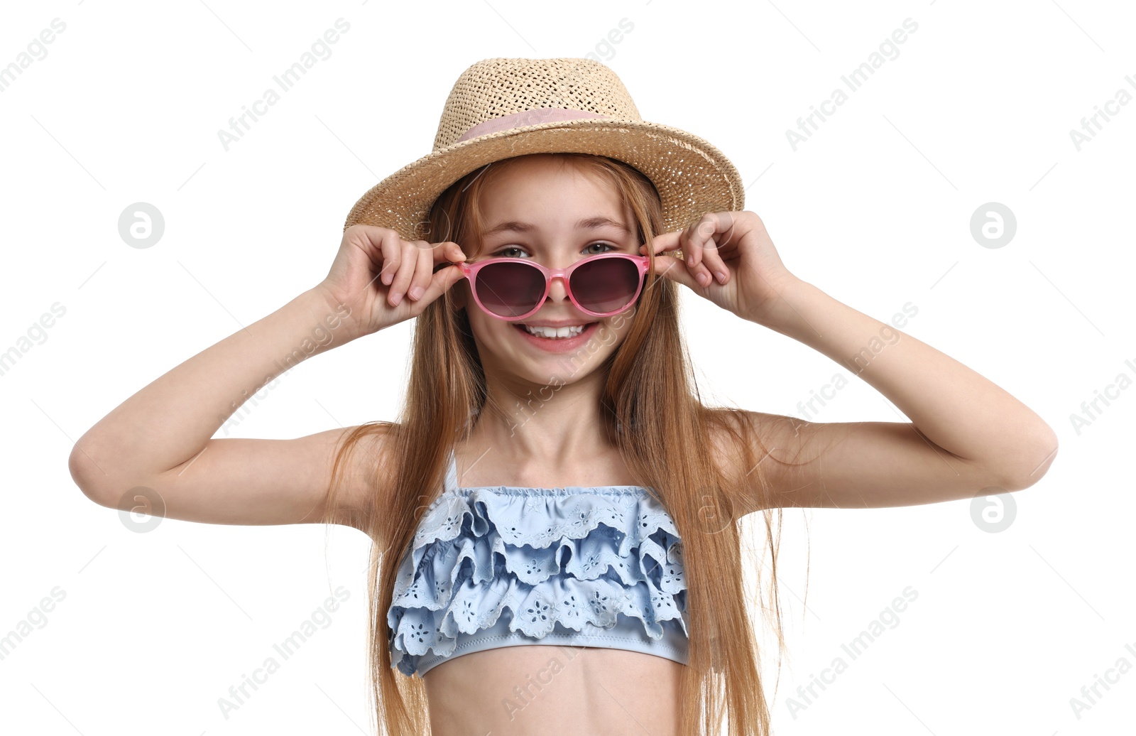 Photo of Little girl in beachwear on white background