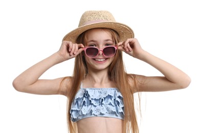 Photo of Little girl in beachwear on white background