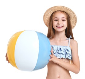 Photo of Happy girl in beachwear with inflatable ball on white background