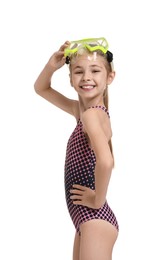 Photo of Happy girl in beachwear with diving mask on white background