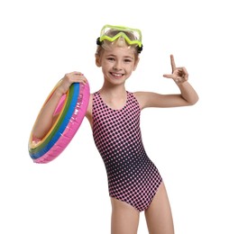 Photo of Happy girl in beachwear with diving mask and inflatable ring on white background