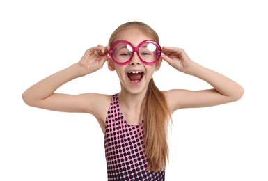 Photo of Happy girl in beachwear and glasses on white background