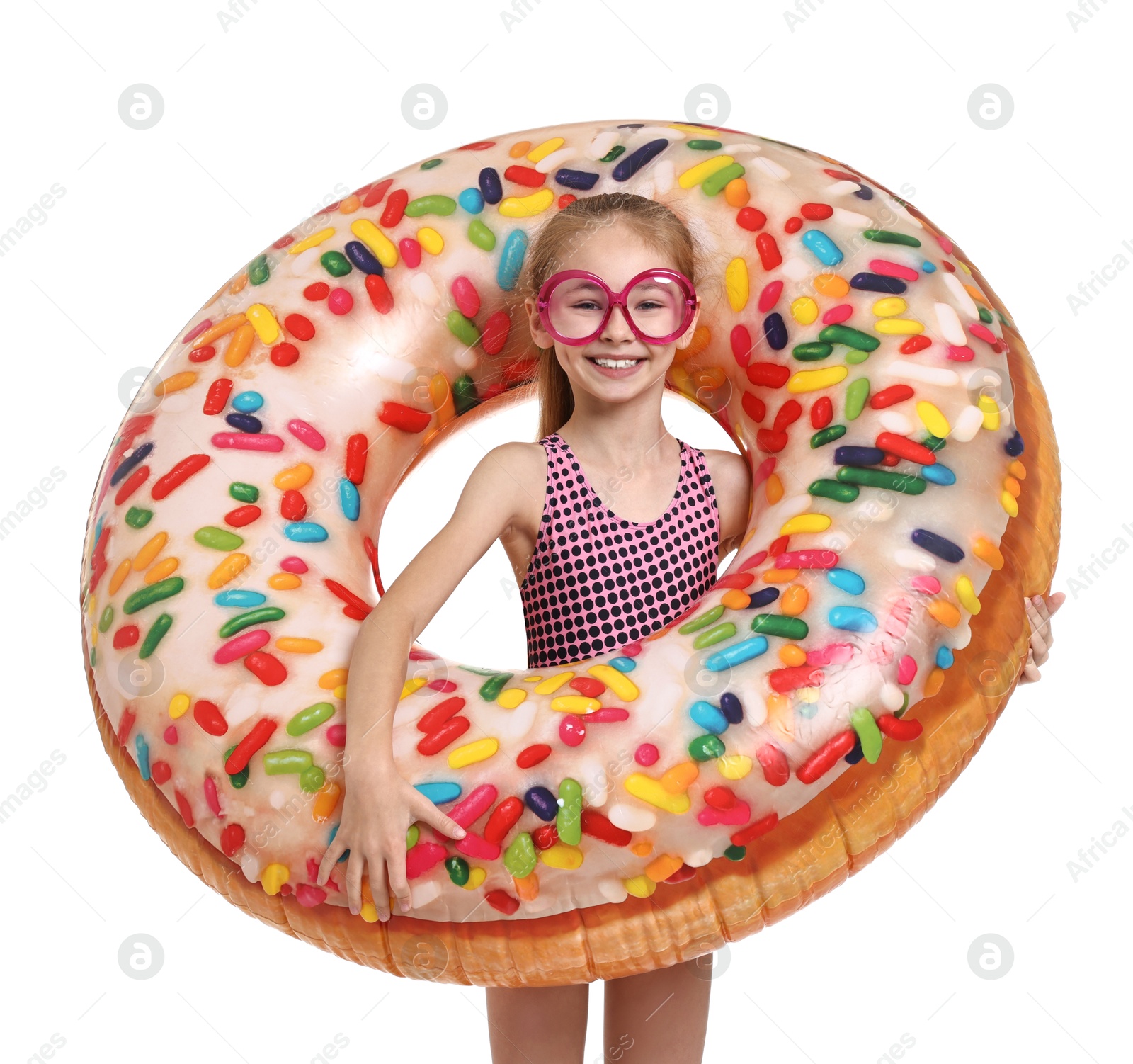 Photo of Happy girl in beachwear with inflatable ring on white background