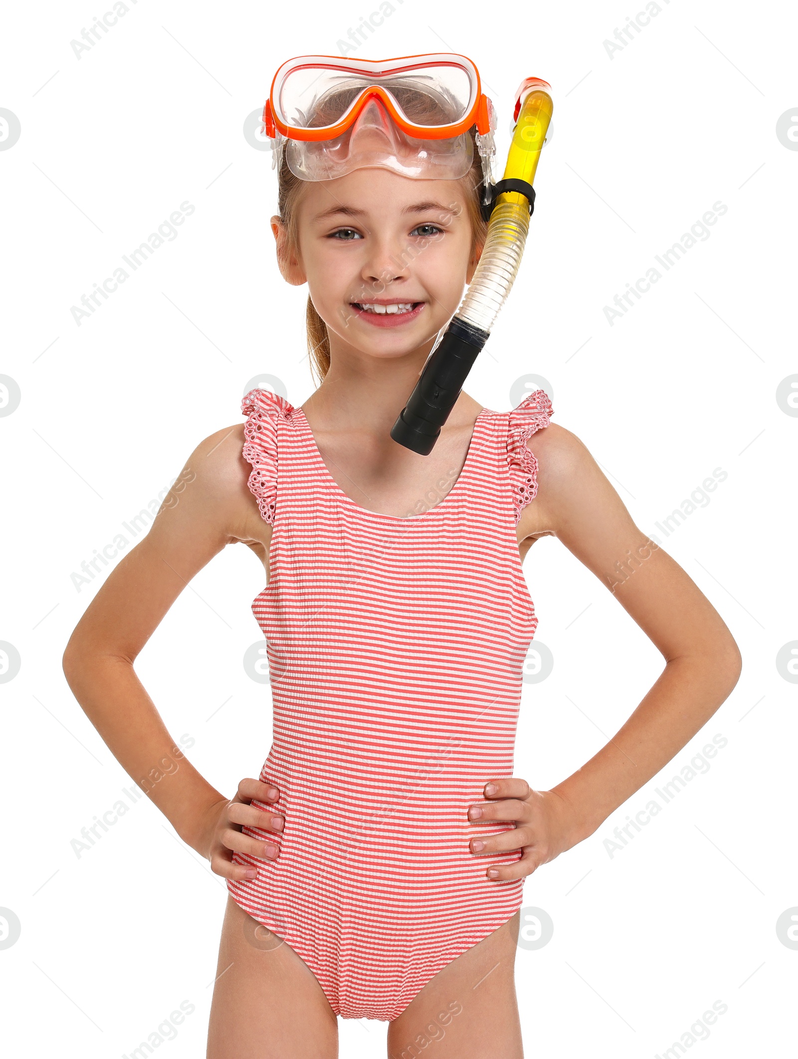 Photo of Happy girl in beachwear with diving mask and snorkel on white background