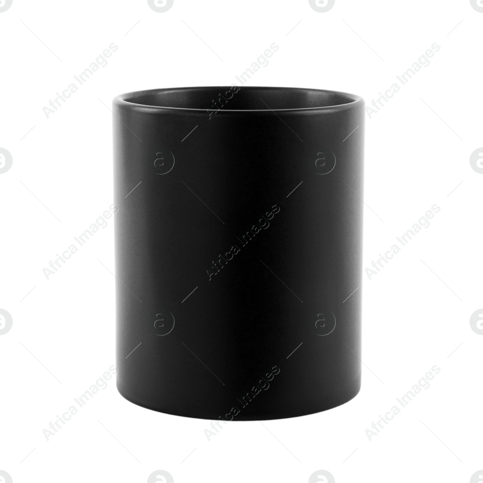 Photo of One blank black ceramic mug isolated on white. Mockup for design