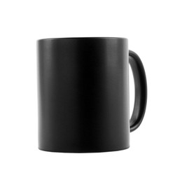 Photo of One blank black ceramic mug isolated on white. Mockup for design