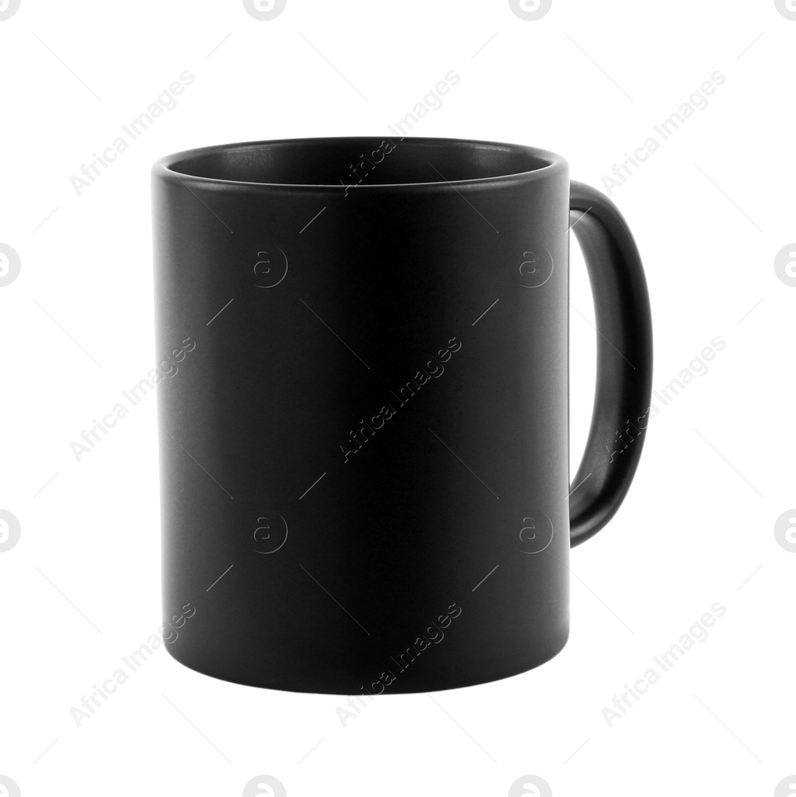 Photo of One blank black ceramic mug isolated on white. Mockup for design