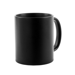 Photo of One blank black ceramic mug isolated on white. Mockup for design