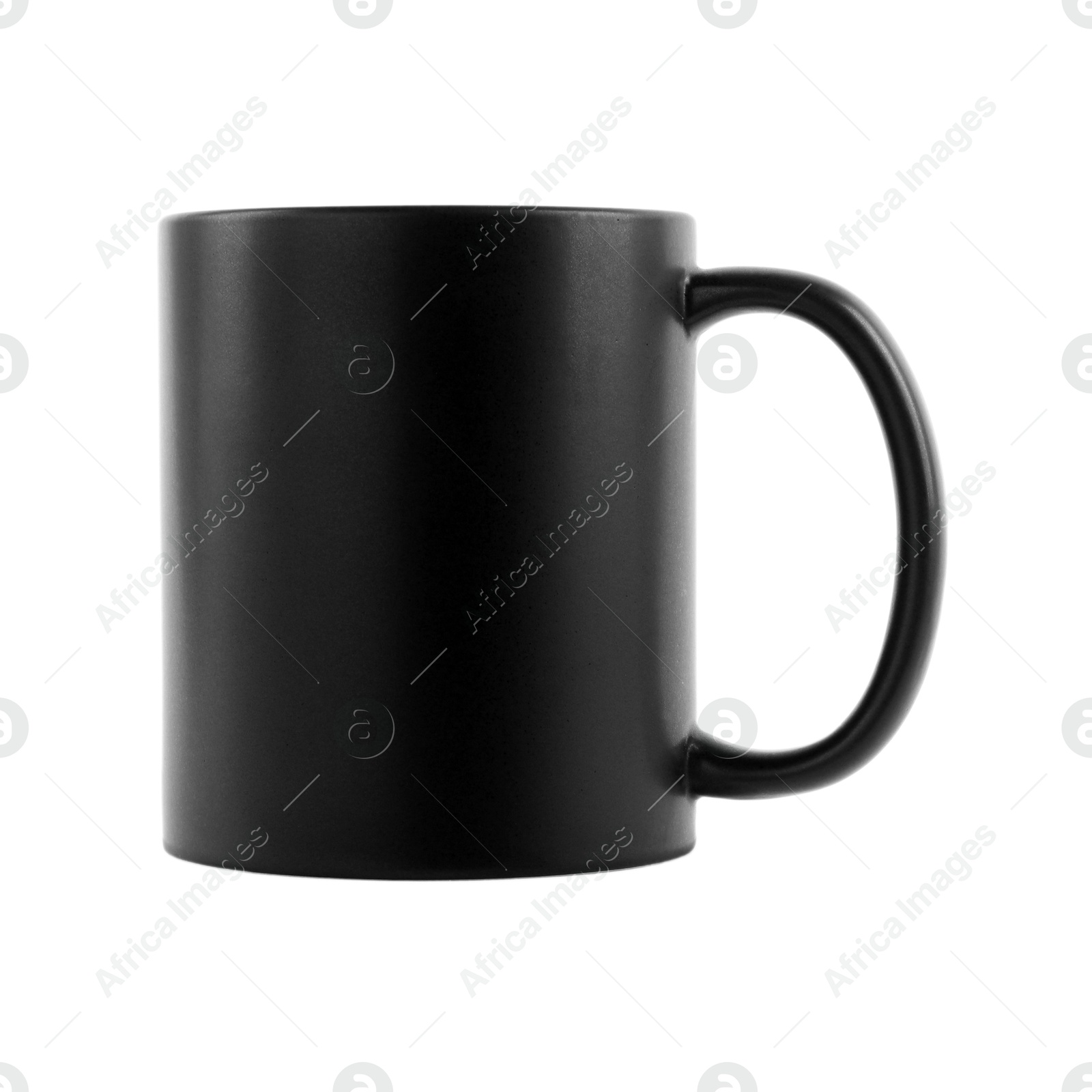 Photo of One blank black ceramic mug isolated on white. Mockup for design