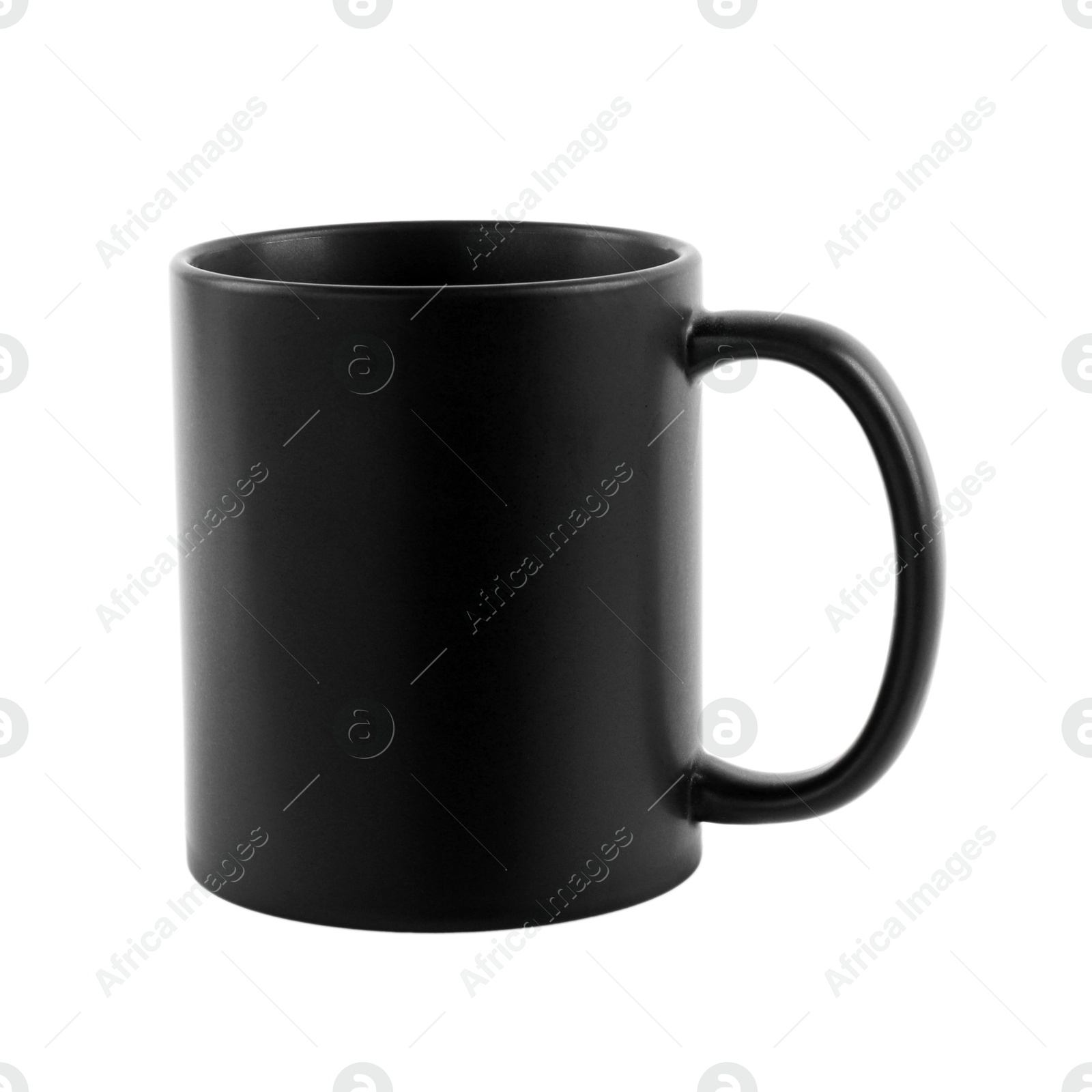 Photo of One blank black ceramic mug isolated on white. Mockup for design