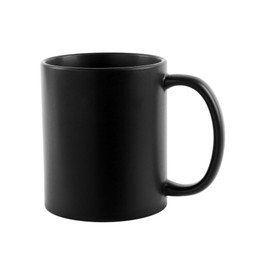 Photo of One blank black ceramic mug isolated on white. Mockup for design