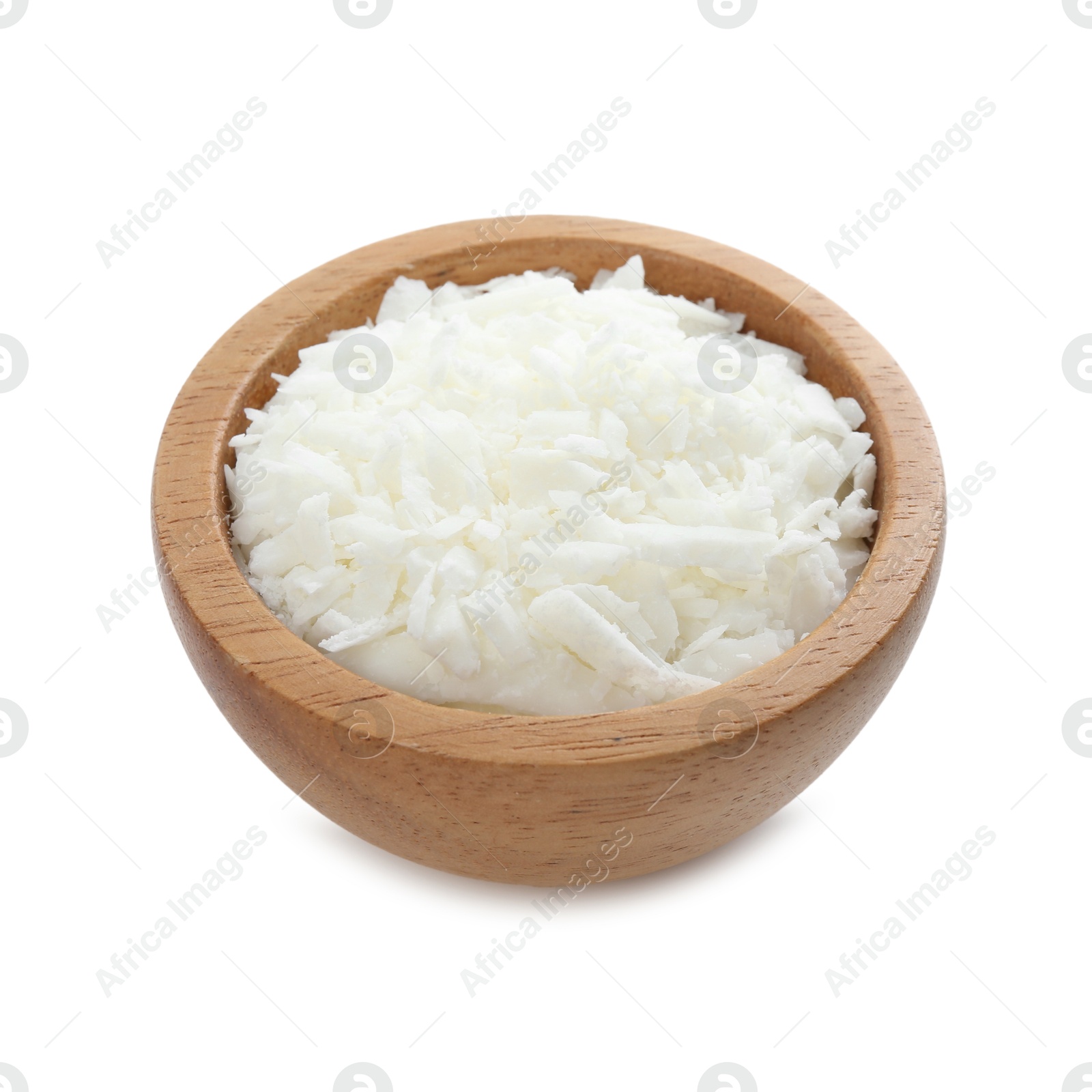 Photo of Soy wax in wooden bowl isolated on white