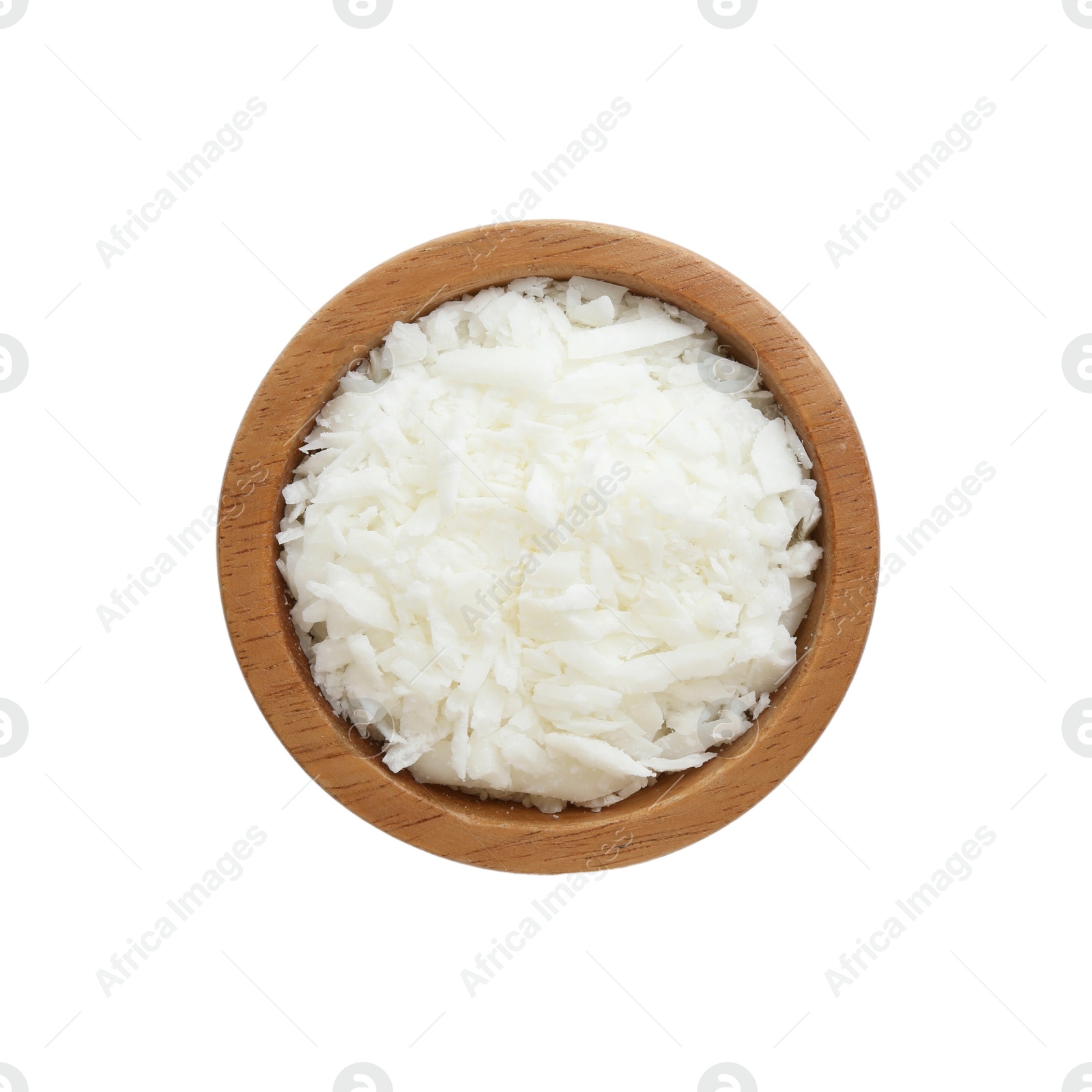 Photo of Soy wax in wooden bowl isolated on white, top view