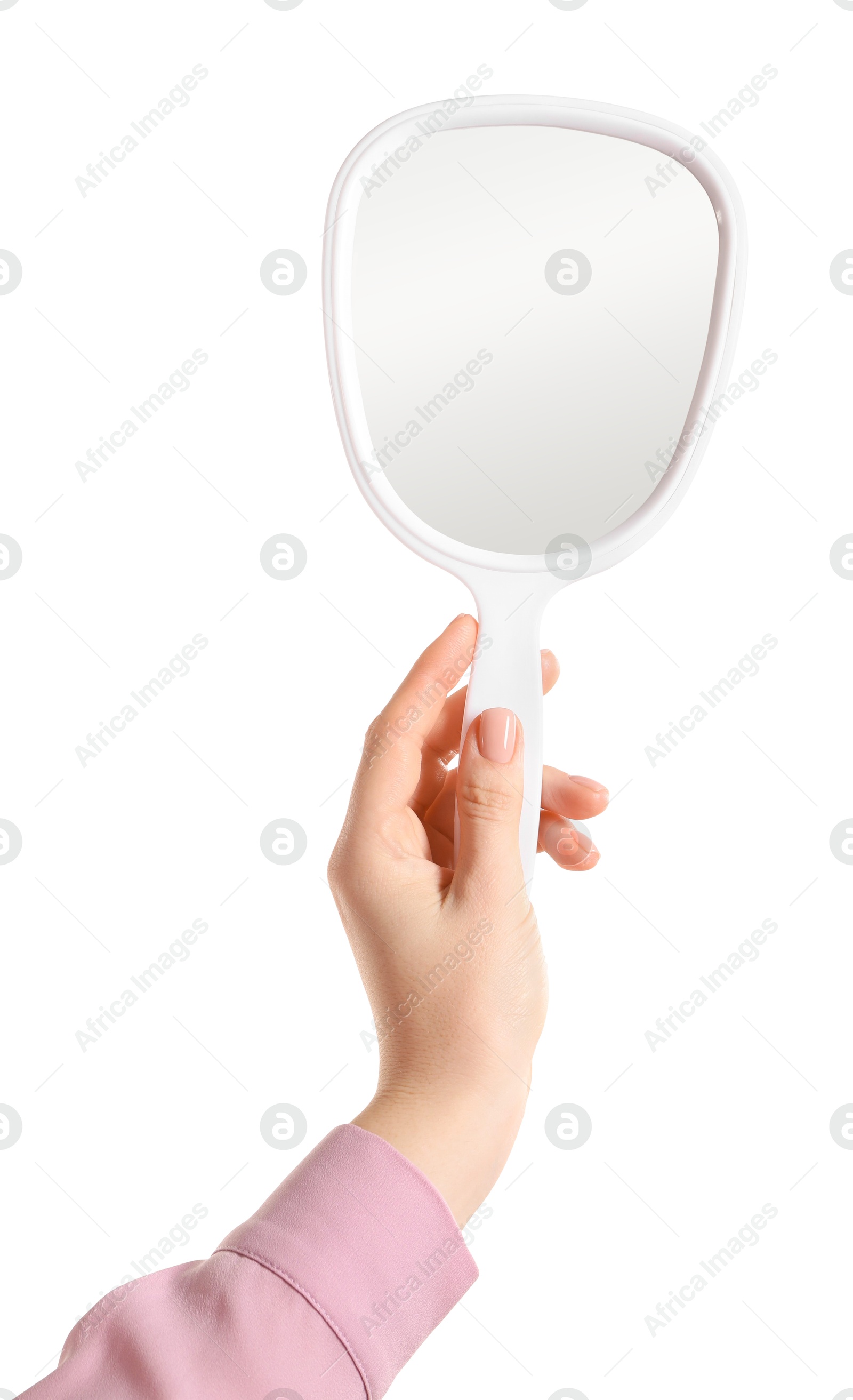 Photo of Woman holding small mirror on white background, closeup