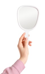 Woman holding small mirror on white background, closeup