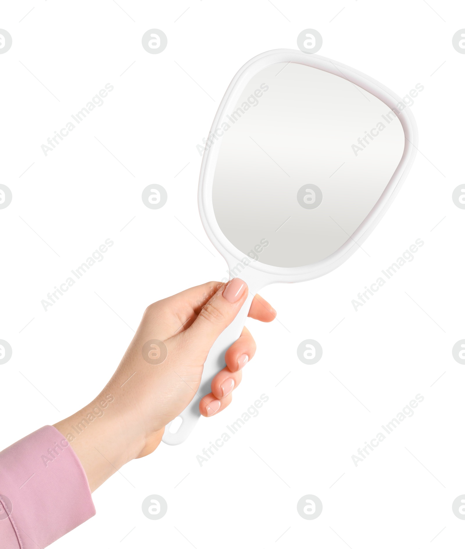 Photo of Woman holding small mirror on white background, closeup