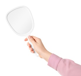 Photo of Woman holding small mirror on white background, closeup