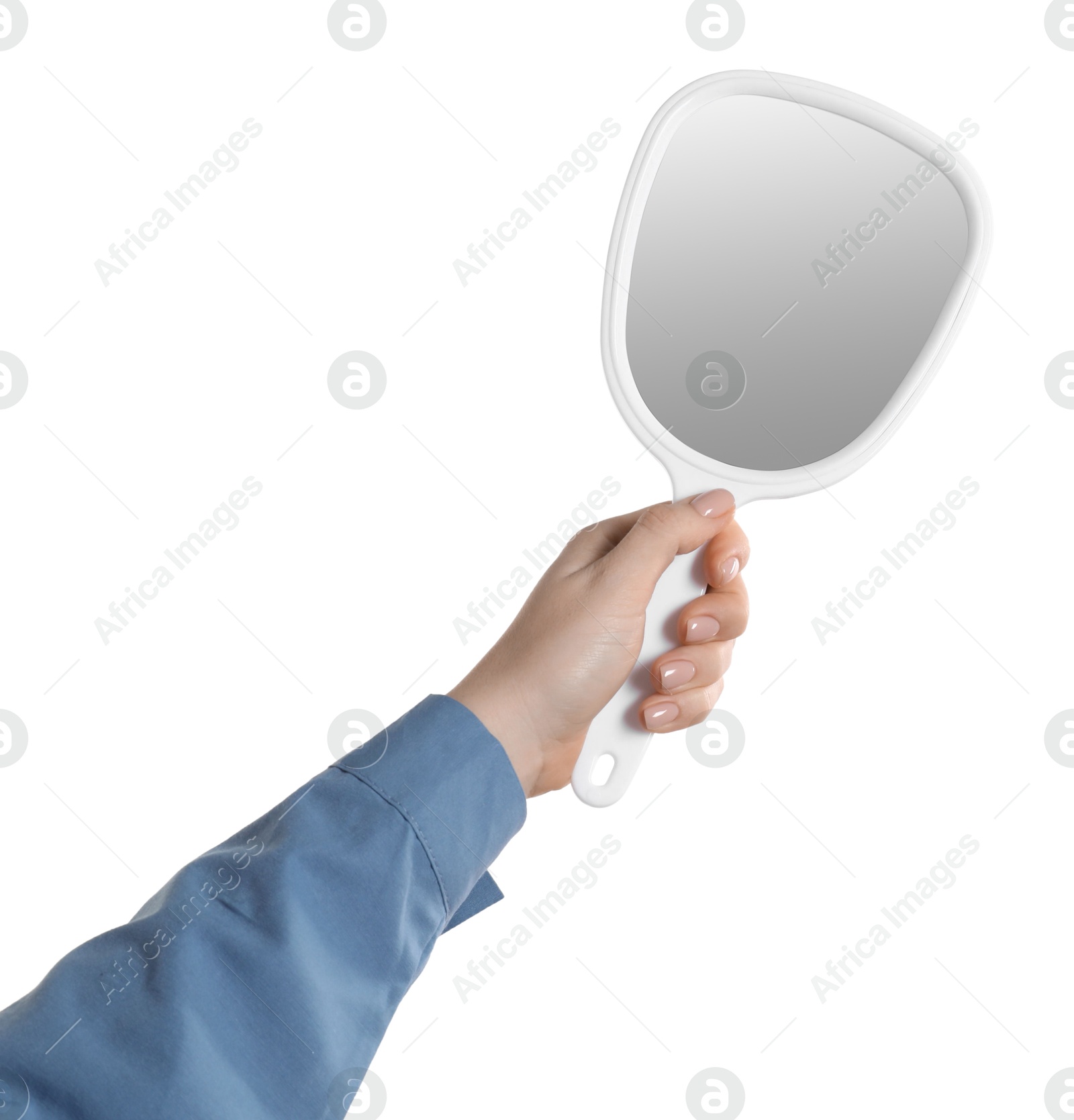 Photo of Woman holding small mirror on white background, closeup