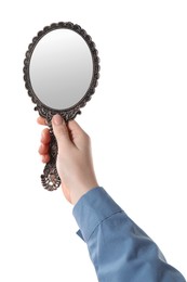 Photo of Woman holding vintage mirror on white background, closeup