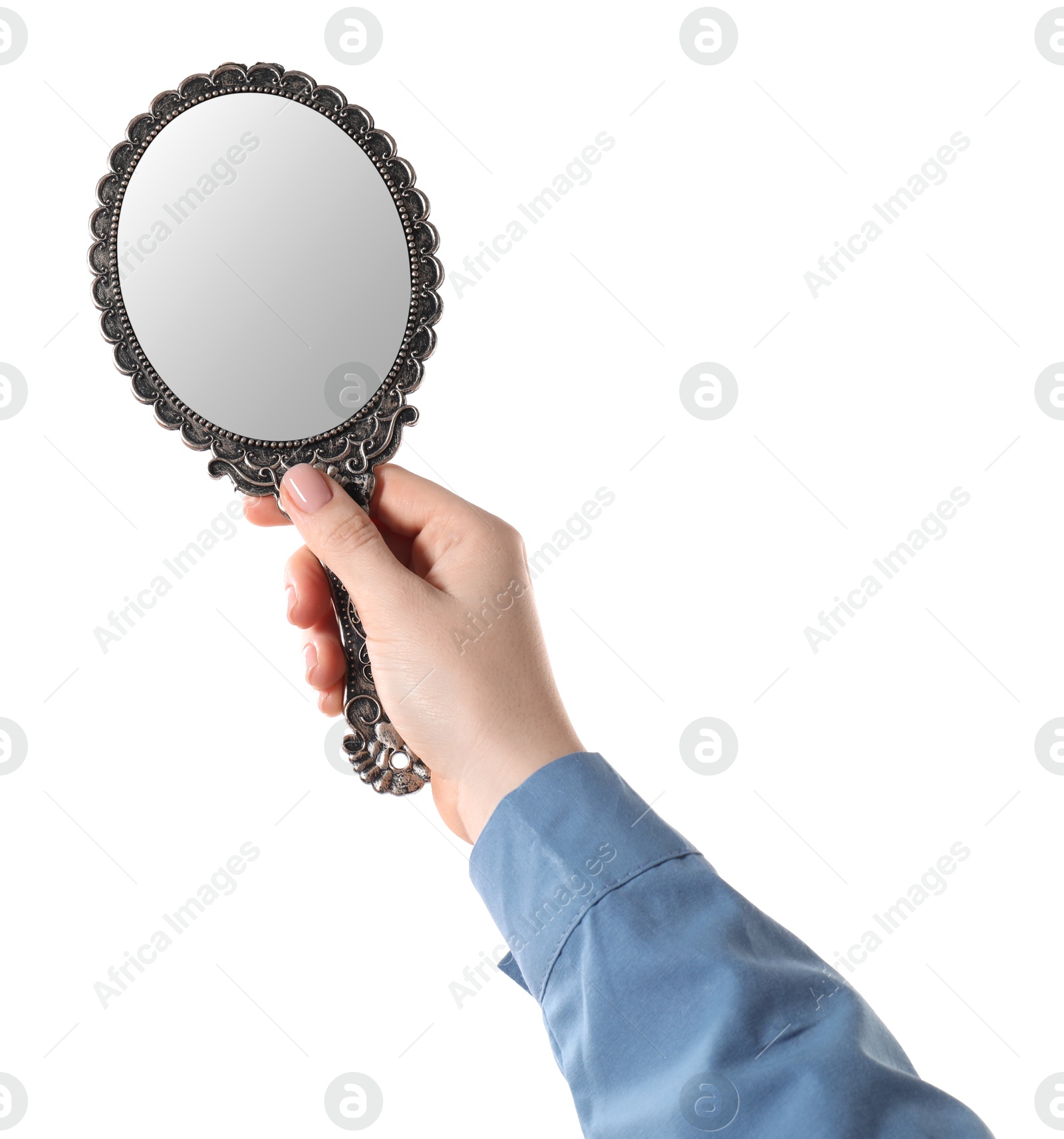 Photo of Woman holding vintage mirror on white background, closeup