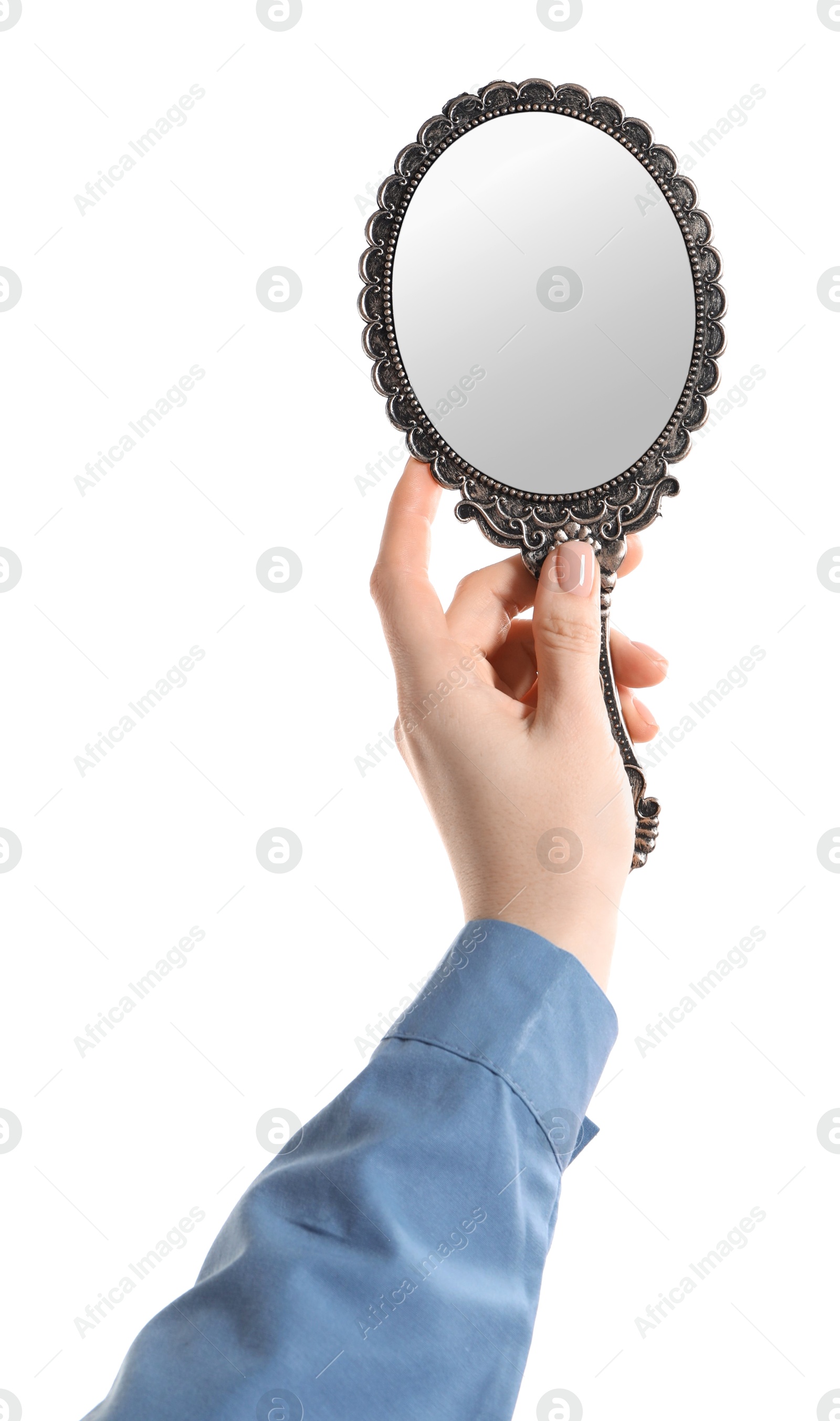 Photo of Woman holding vintage mirror on white background, closeup