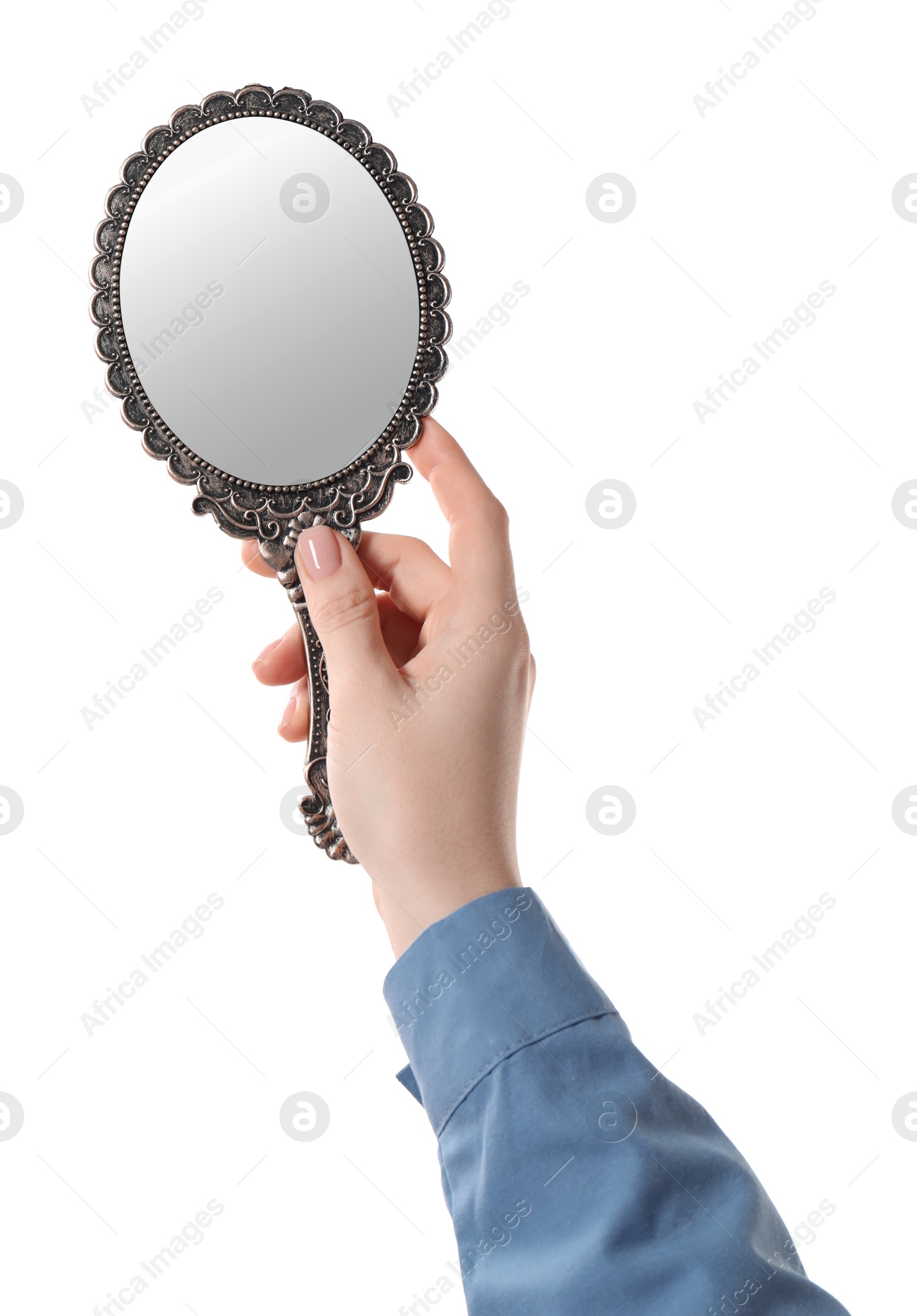 Photo of Woman holding vintage mirror on white background, closeup