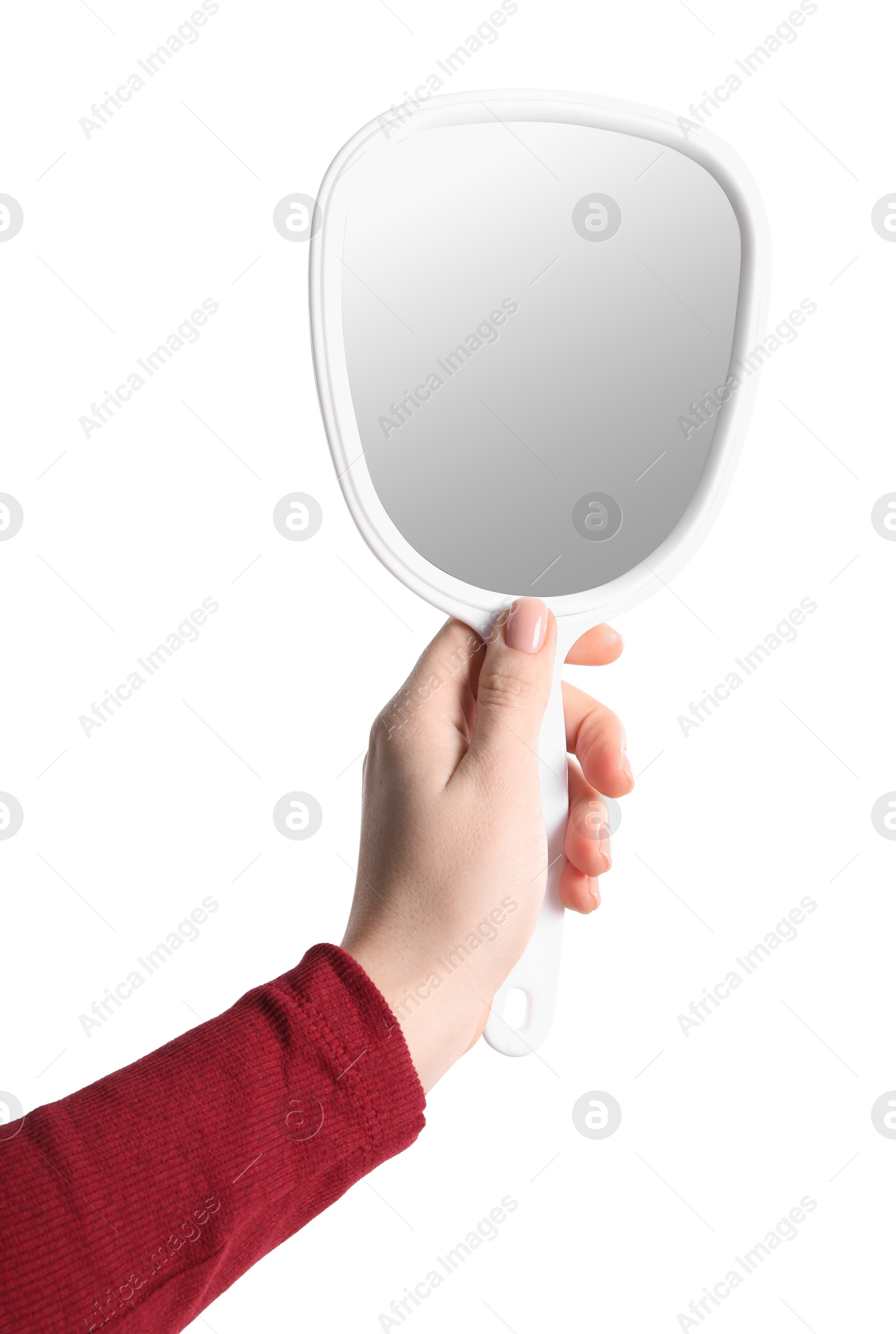 Photo of Woman holding small mirror on white background, closeup