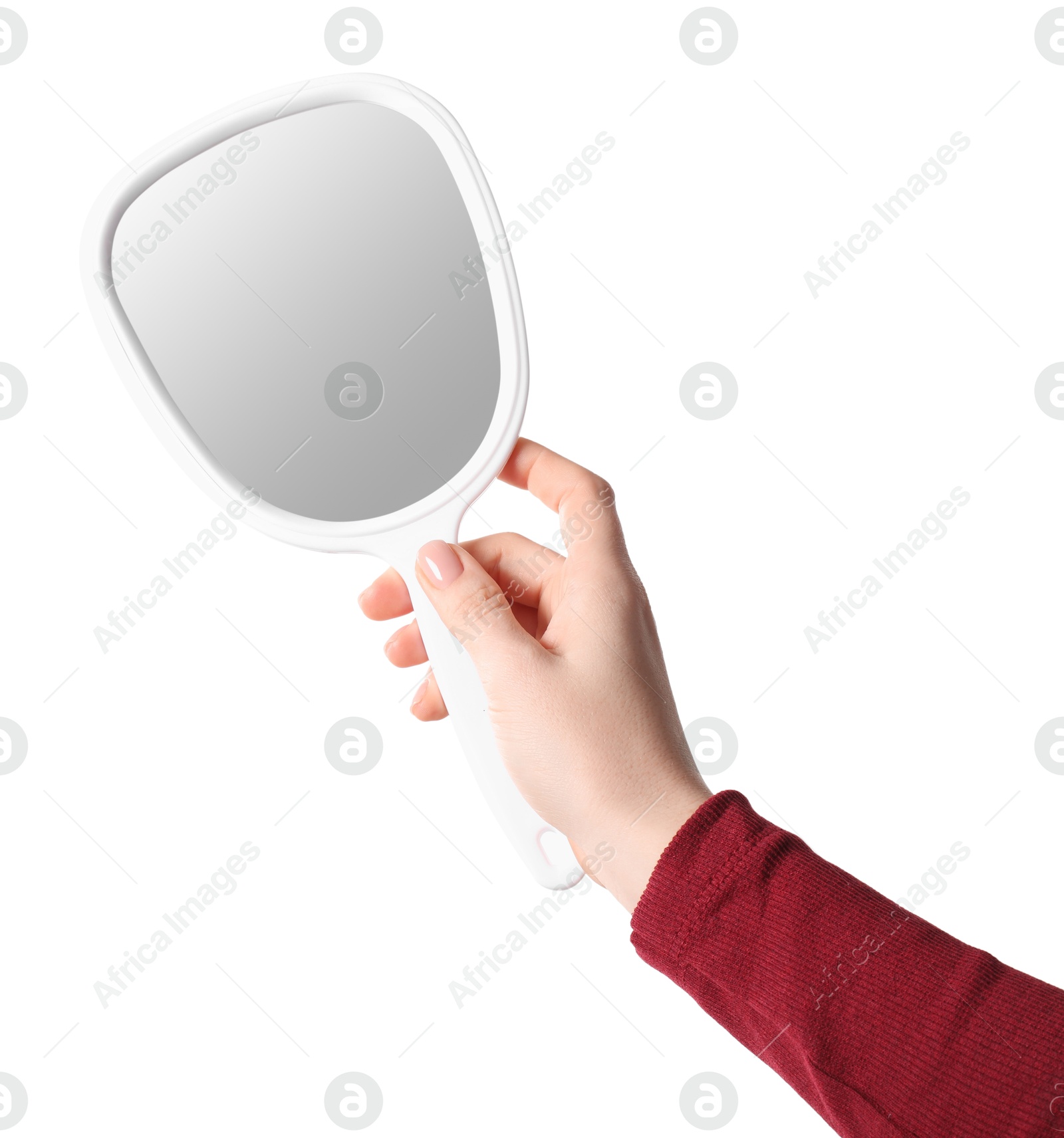 Photo of Woman holding small mirror on white background, closeup