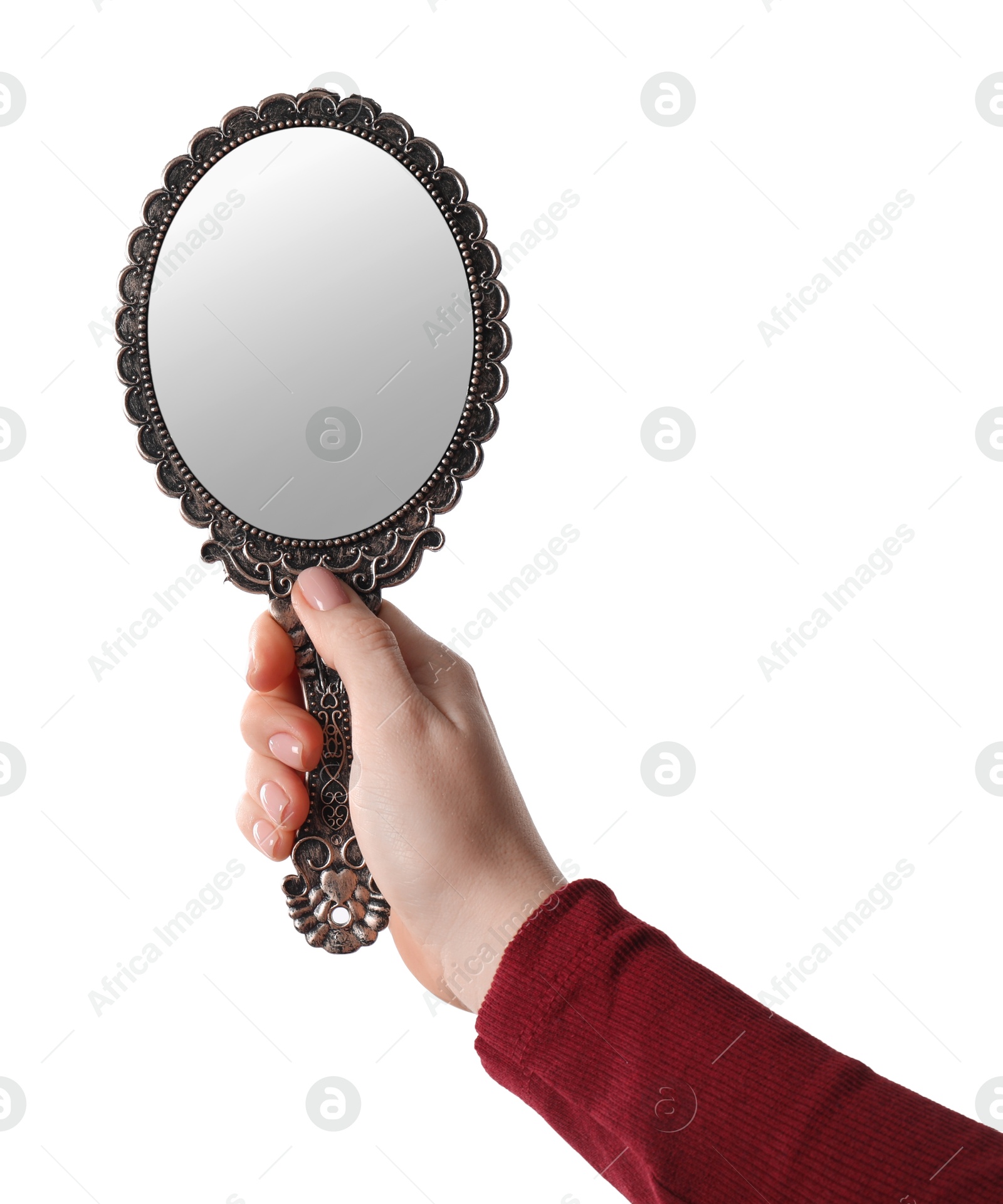 Photo of Woman holding vintage mirror on white background, closeup