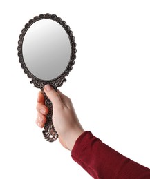 Photo of Woman holding vintage mirror on white background, closeup