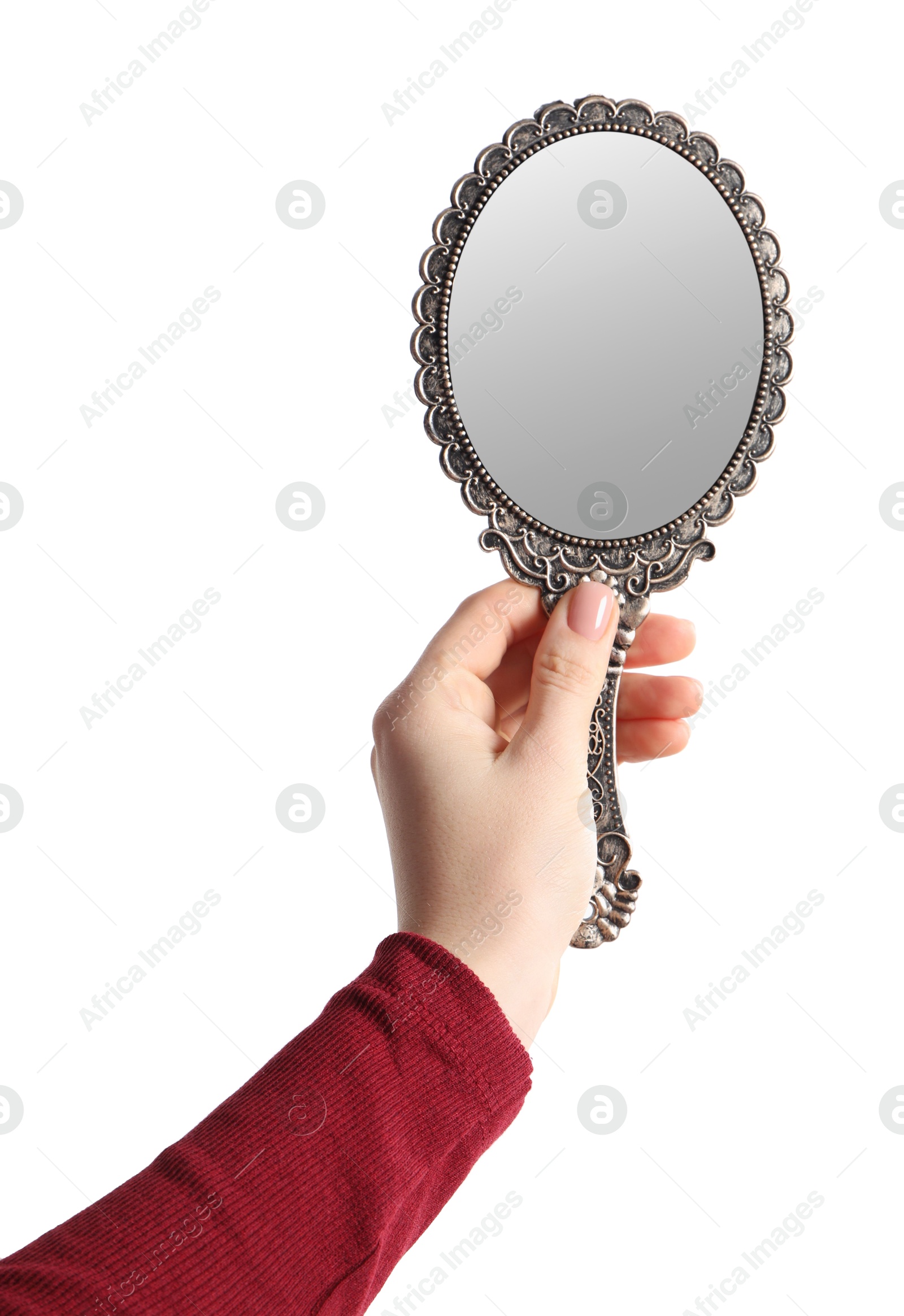 Photo of Woman holding vintage mirror on white background, closeup