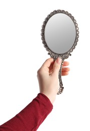 Photo of Woman holding vintage mirror on white background, closeup