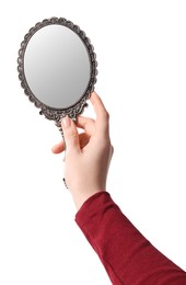 Photo of Woman holding vintage mirror on white background, closeup