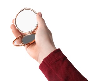 Photo of Woman holding pocket mirror on white background, closeup