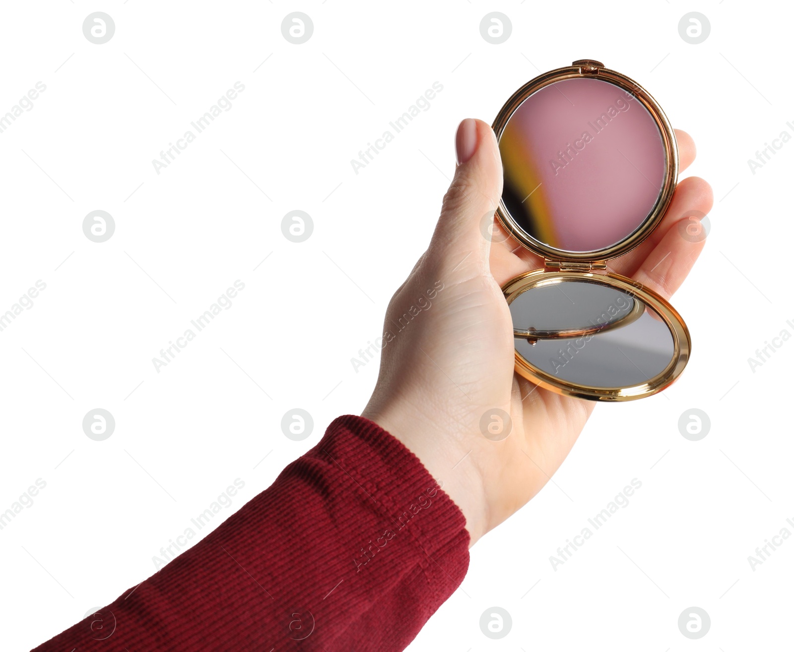 Photo of Woman holding pocket mirror on white background, closeup