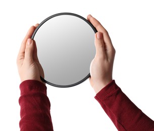 Photo of Woman holding round mirror on white background, closeup