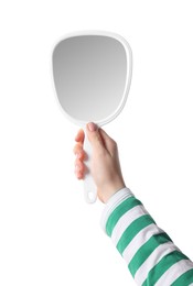 Photo of Woman holding small mirror on white background, closeup