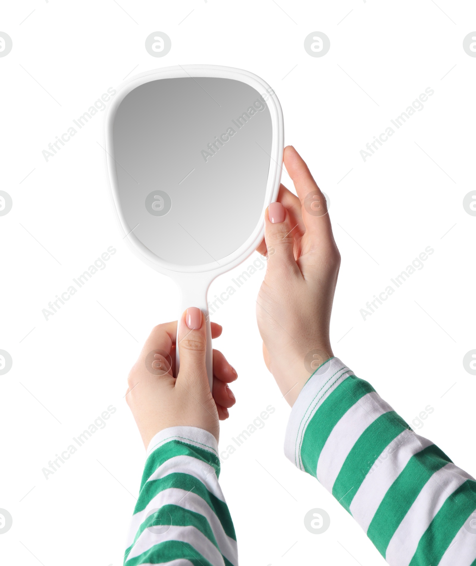 Photo of Woman holding small mirror on white background, closeup